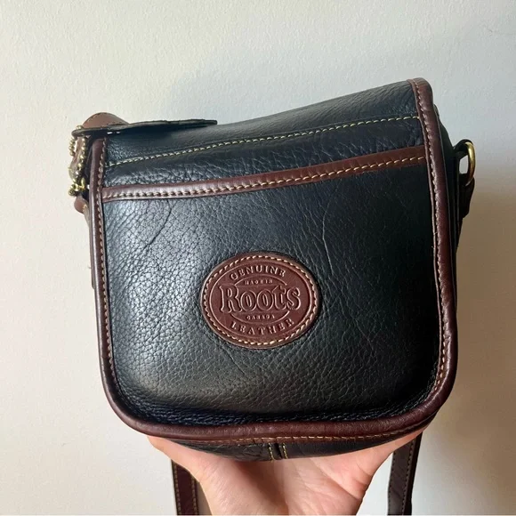 Vintage Roots Saddle Black Leather Crossbody with Brown Trim and Brass Buckle - Picture 3 of 11